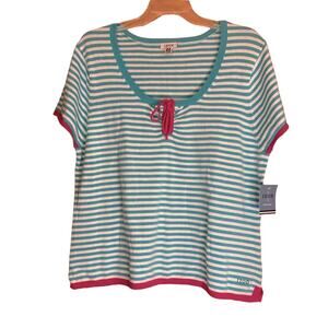 NWT Women's Plus 2X Izod Teal and White Striped Short-Sleeve Sweater w/Pink Trim
